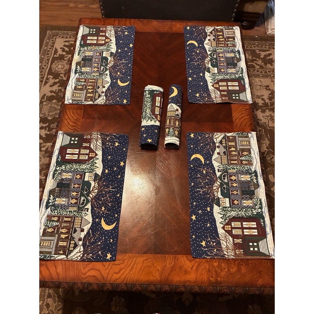 Winter Snow Scene 6 Piece Placemat Set. Houses, Starry Night And Snow 19”x11”.